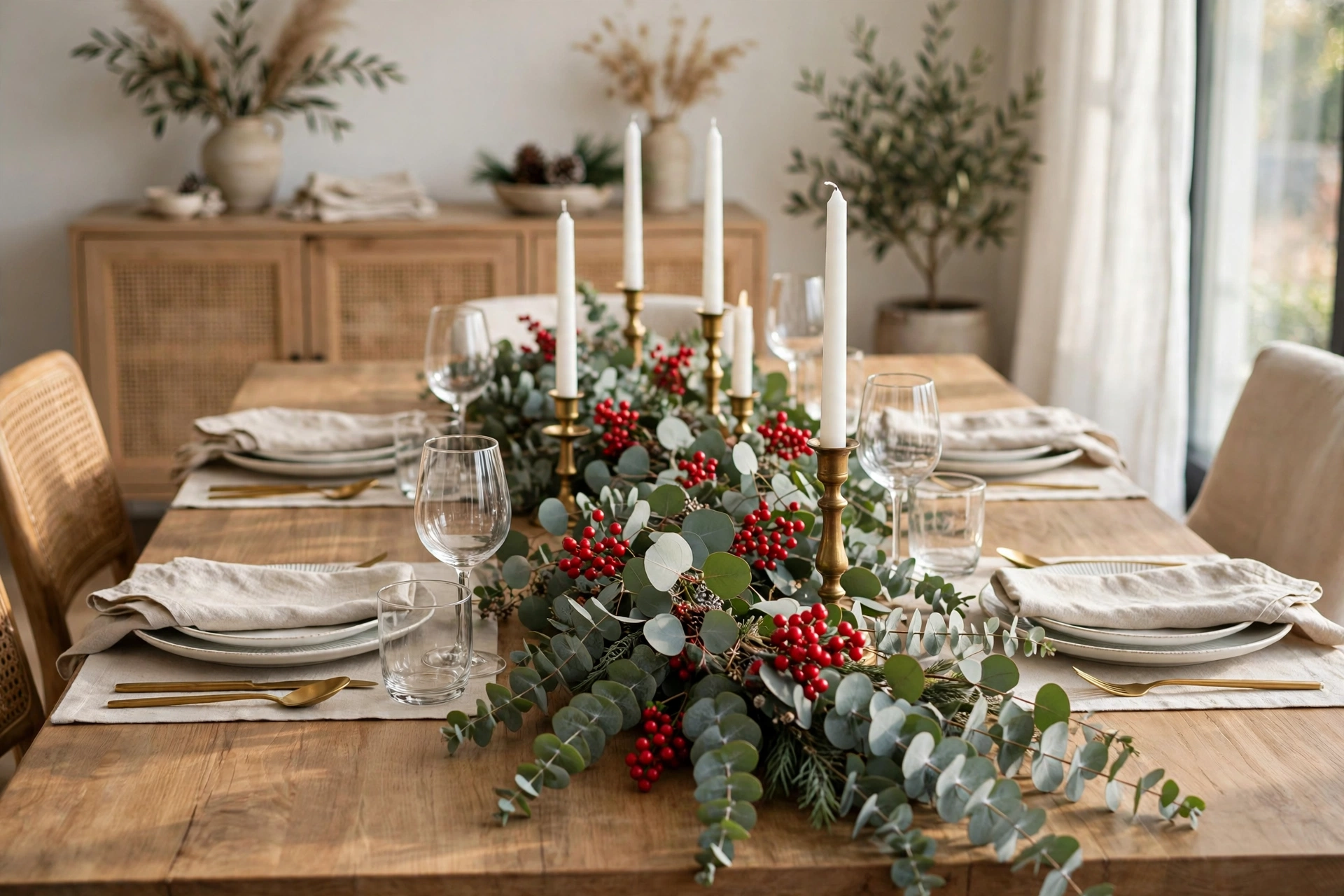 Silver-dollar eucalyptus garland dotted with red berries Christmas centerpiece