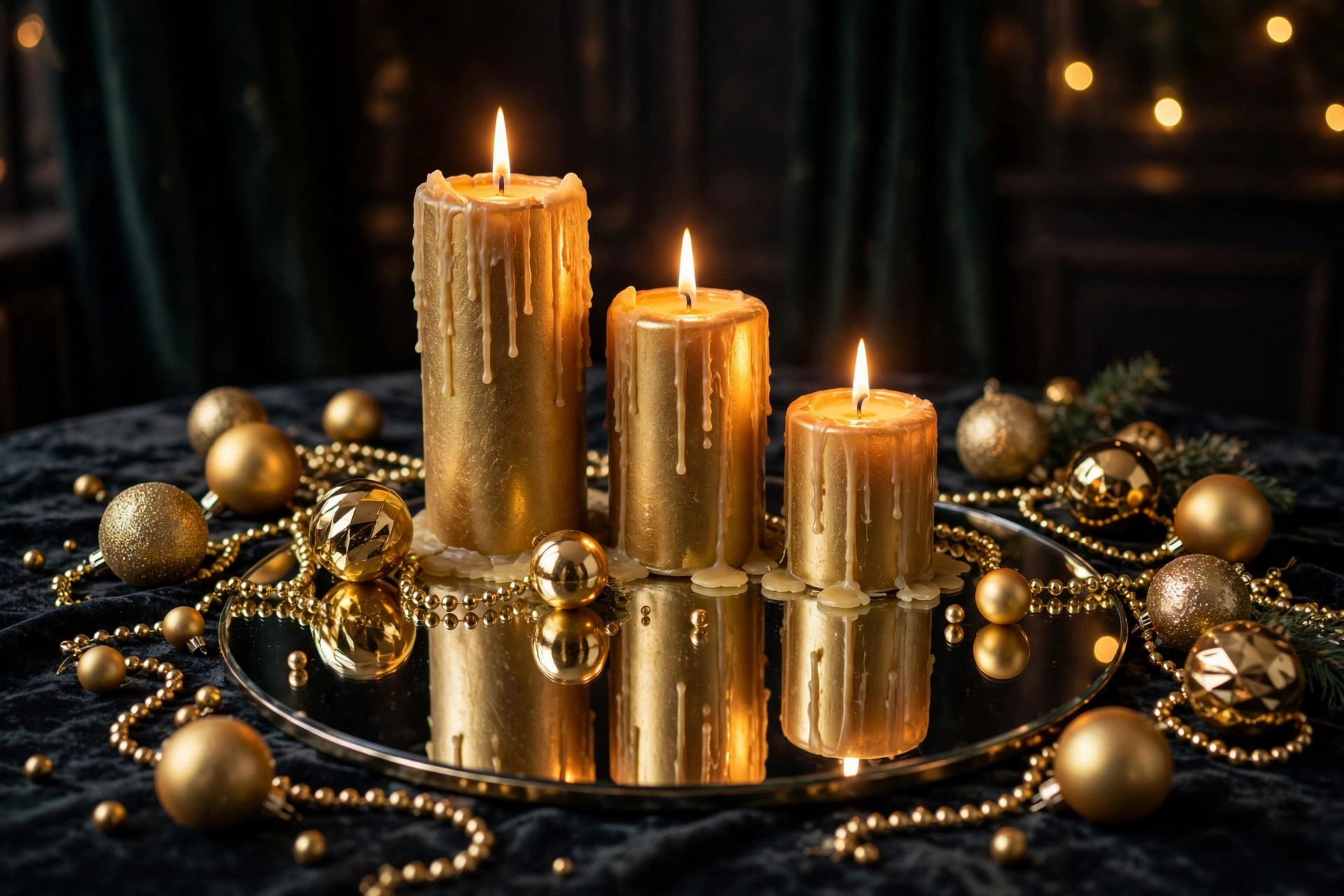 Three gold pillar candles on a mirrored tray surrounded by gold ornaments
