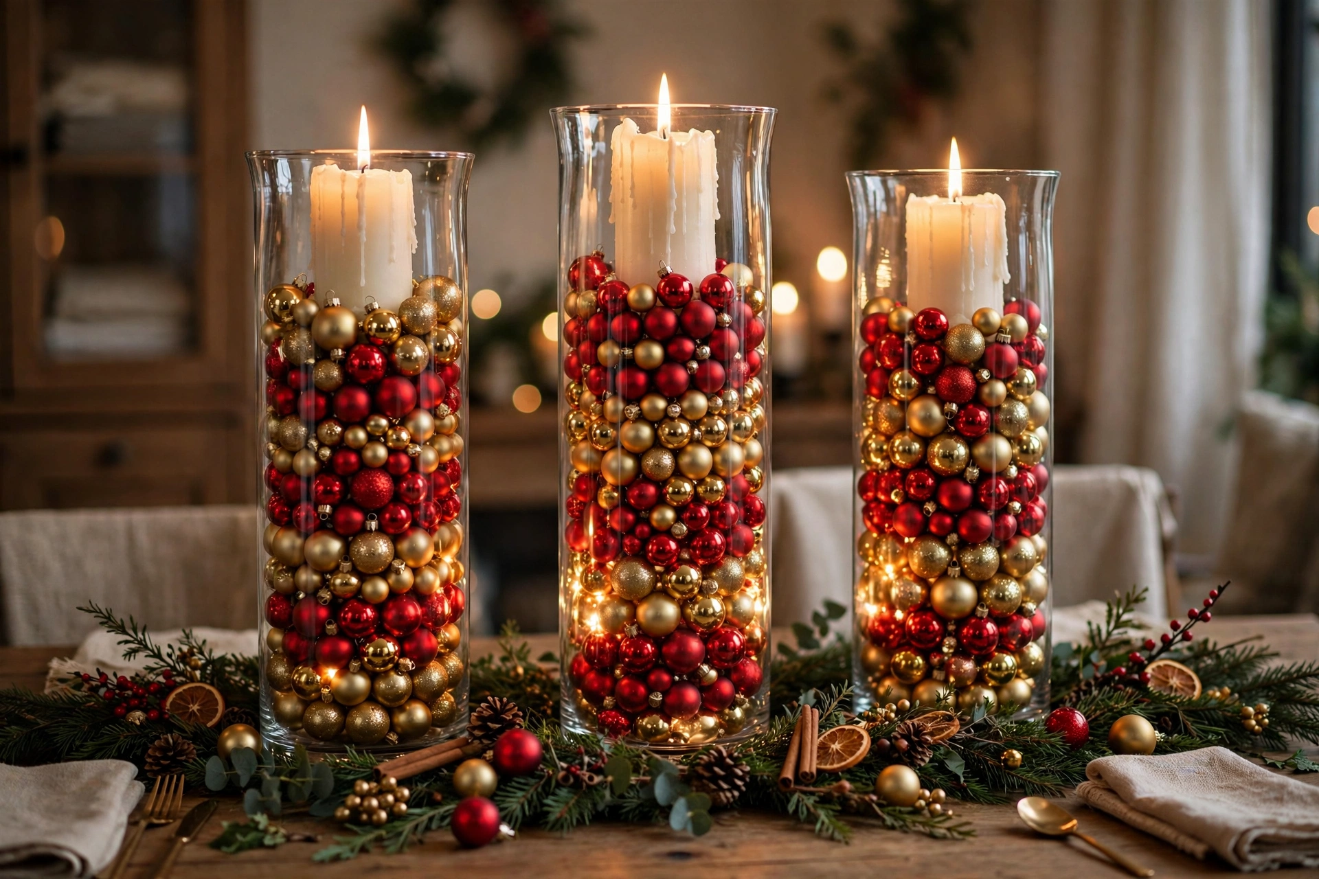 Glass hurricane filled with small ornaments topped with a pillar candle