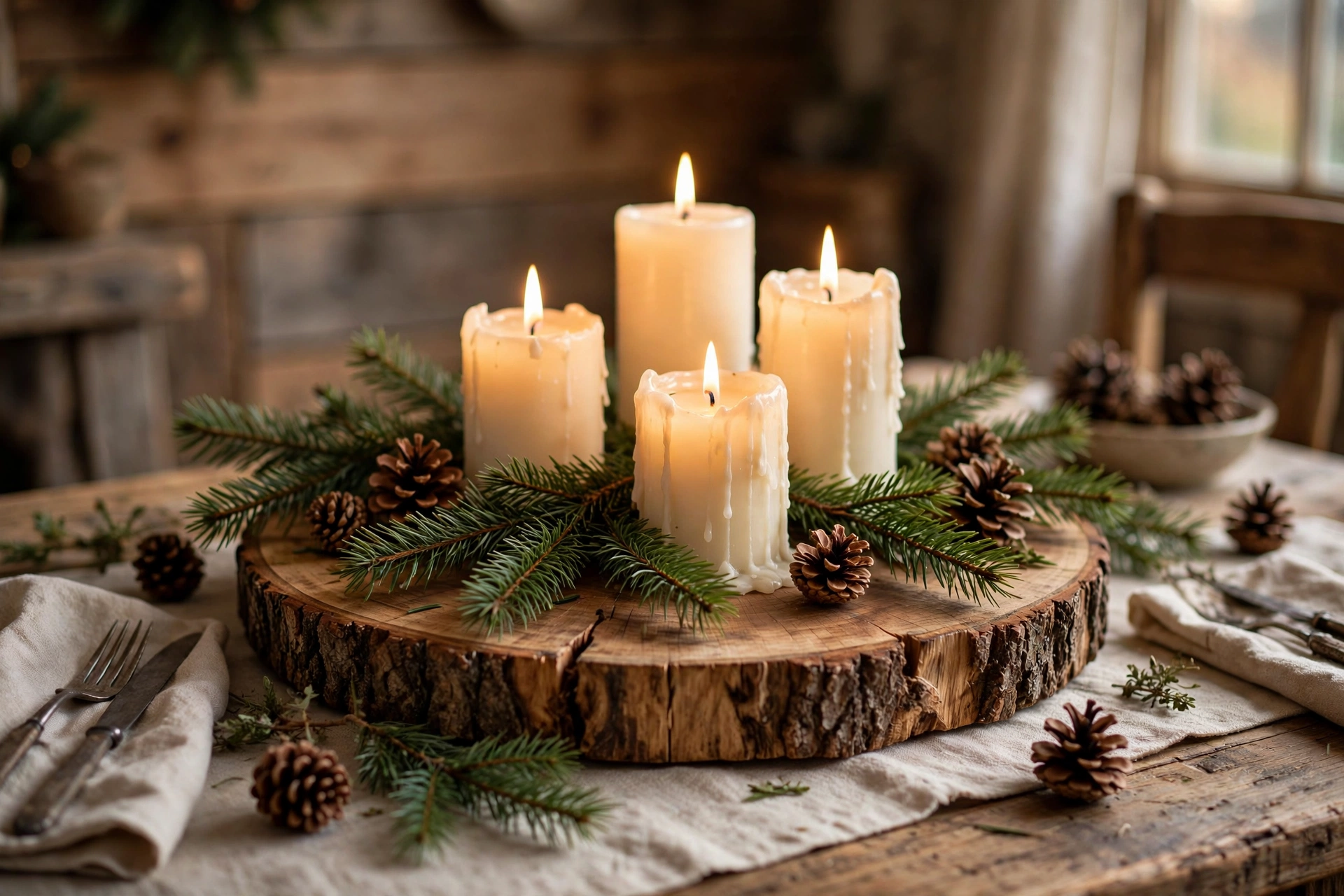 Rustic wood slice centerpiece with pine boughs, candles and pinecones
