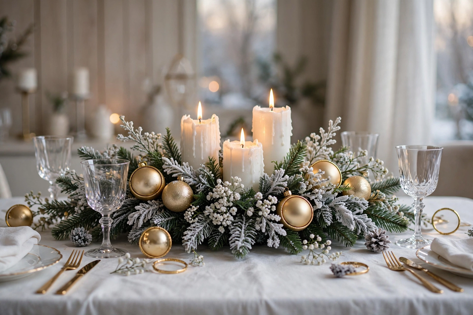 White and gold Christmas centerpiece with pillar candles and frosted greenery