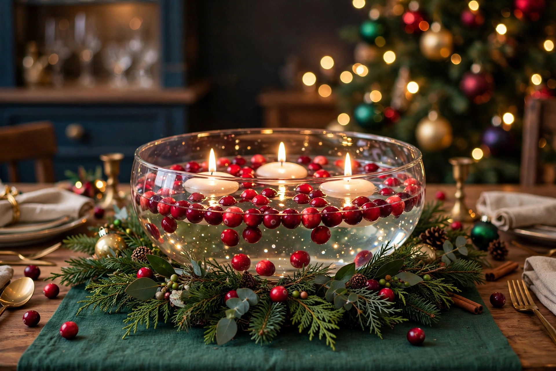 Glass bowl of water with cranberries and floating candles Christmas centerpiece