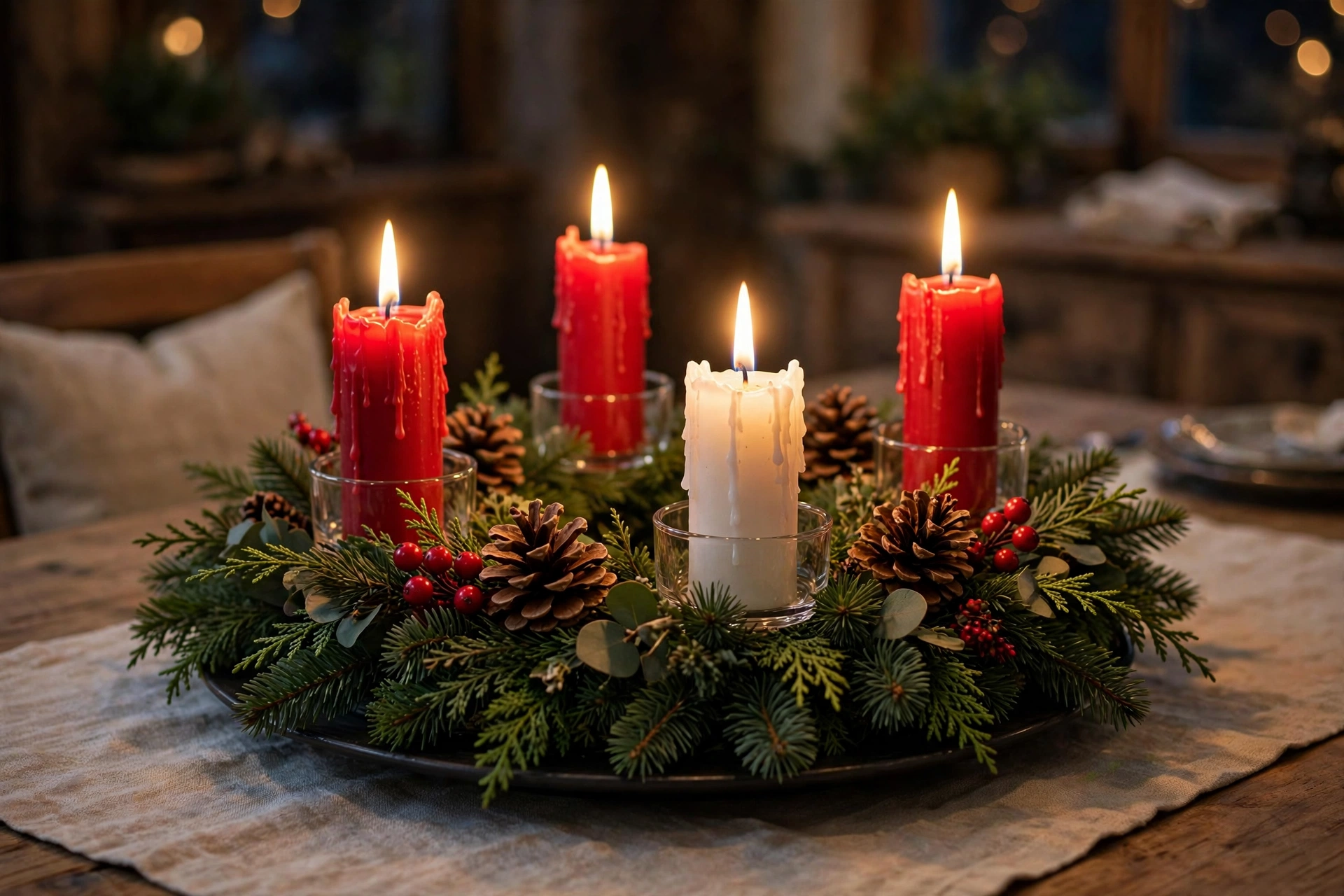 Advent candle wreath centerpiece with four candles in fresh evergreens