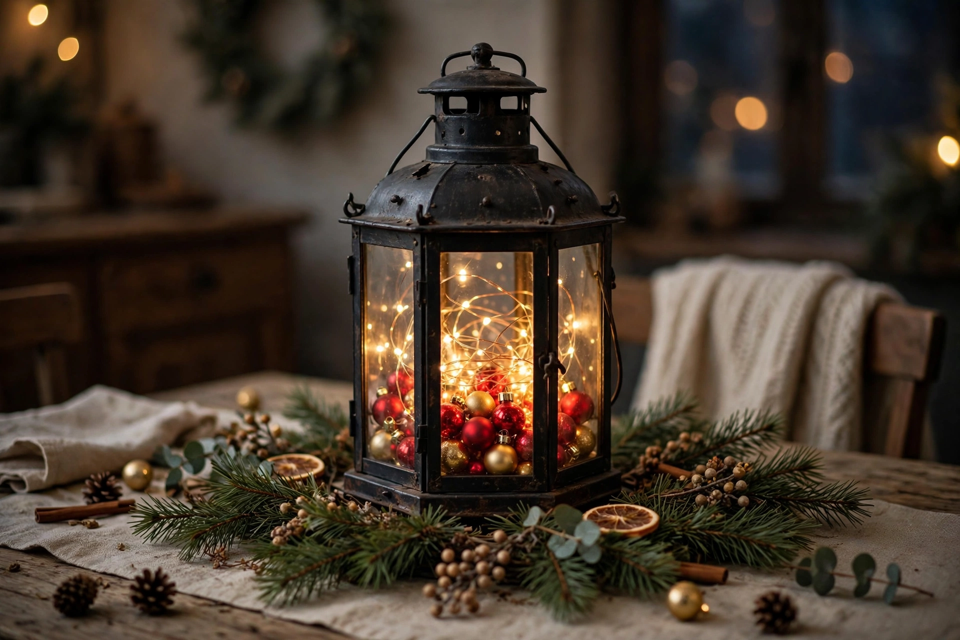 Vintage lantern filled with small ornaments and fairy lights centerpiece