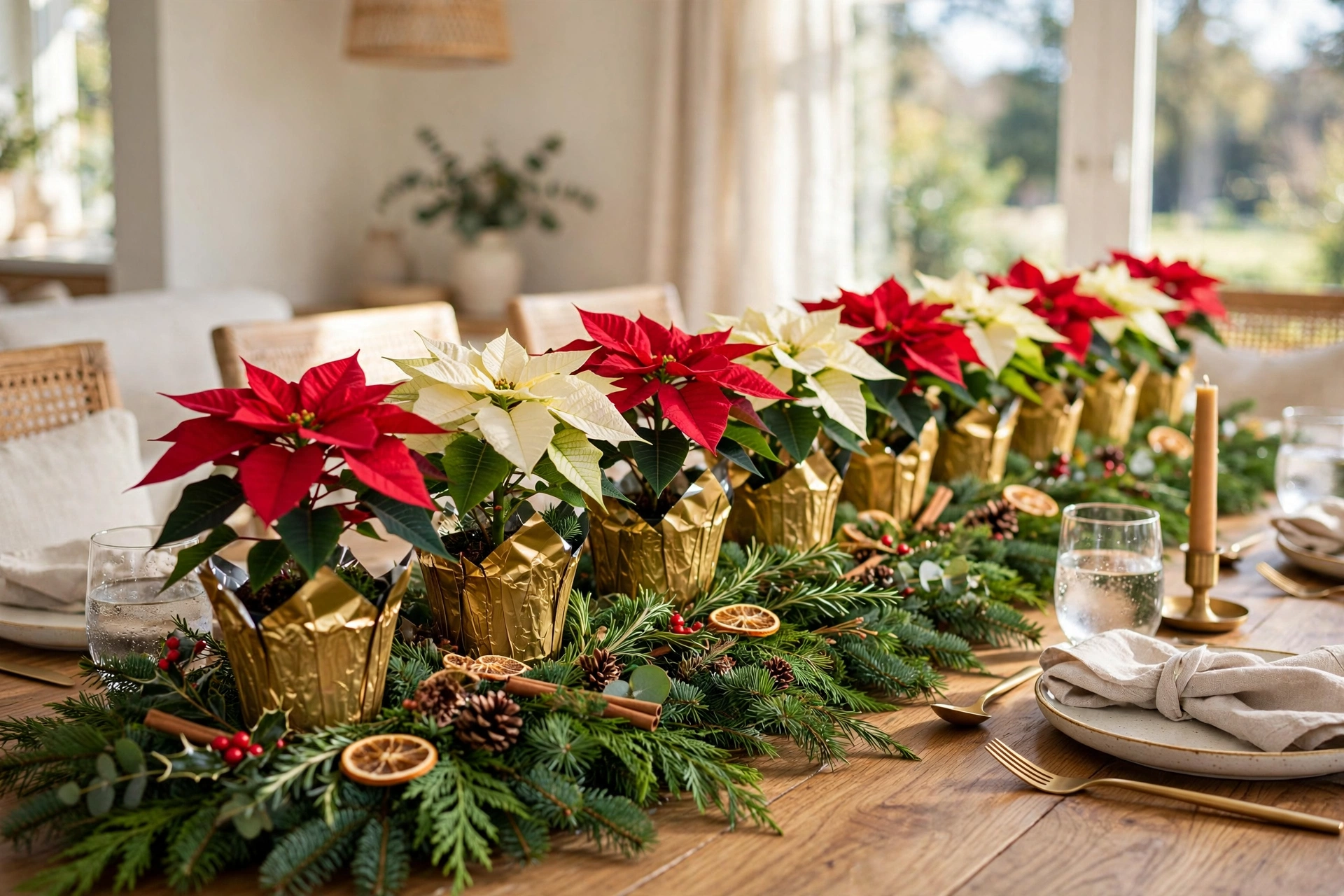 Row of red and white potted poinsettias as a Christmas table runner