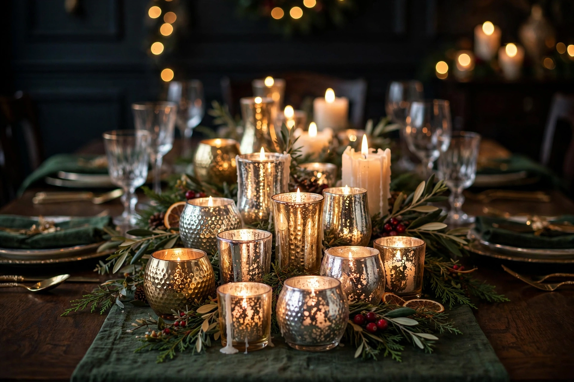 Cluster of mercury glass votive holders in gold, silver and champagne tones