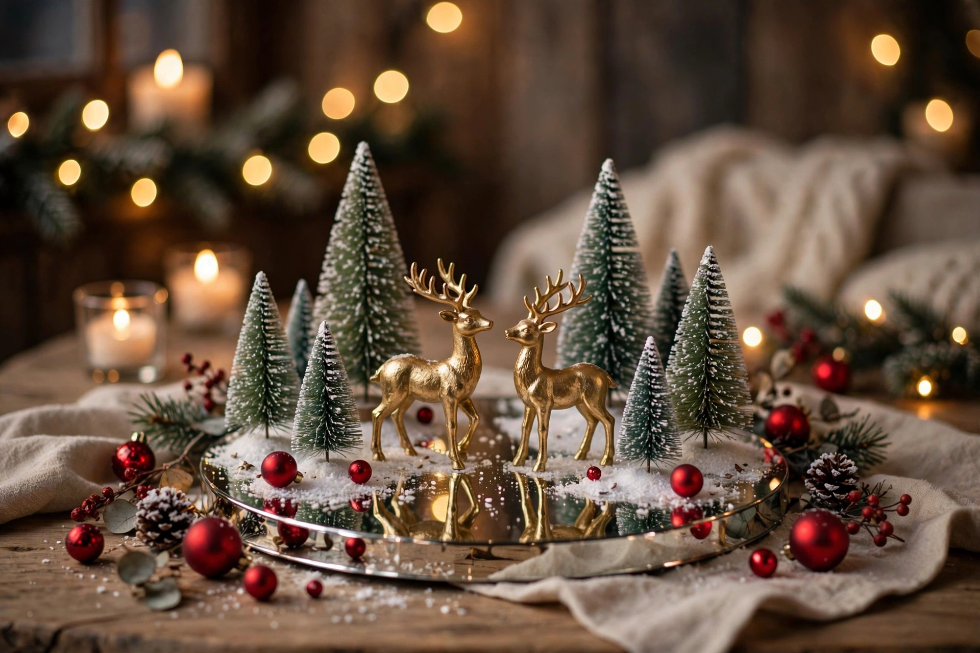 Gold reindeer figurines with bottle-brush trees in faux snow centerpiece