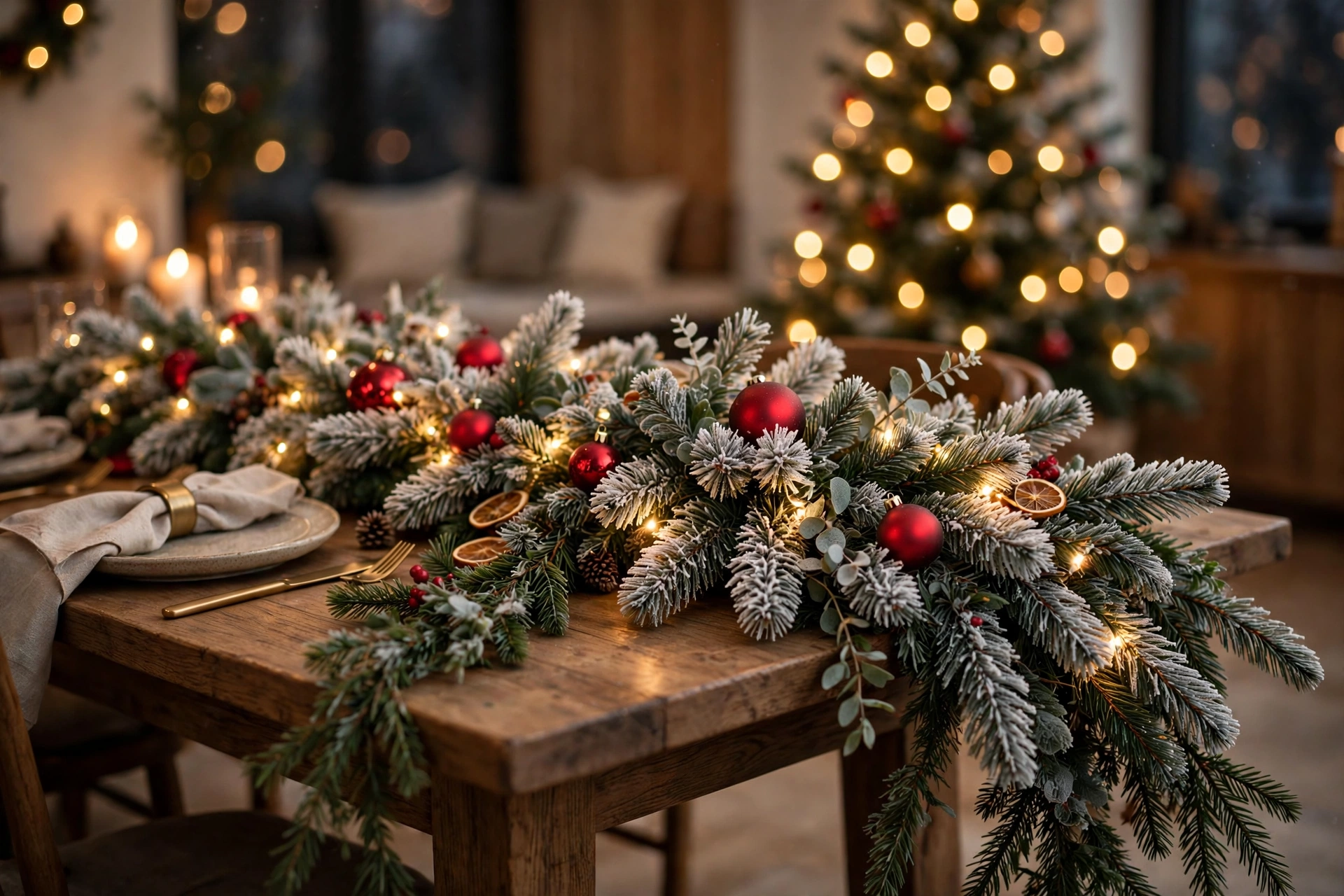 Frosted pine garland with twinkle lights running down a Christmas table