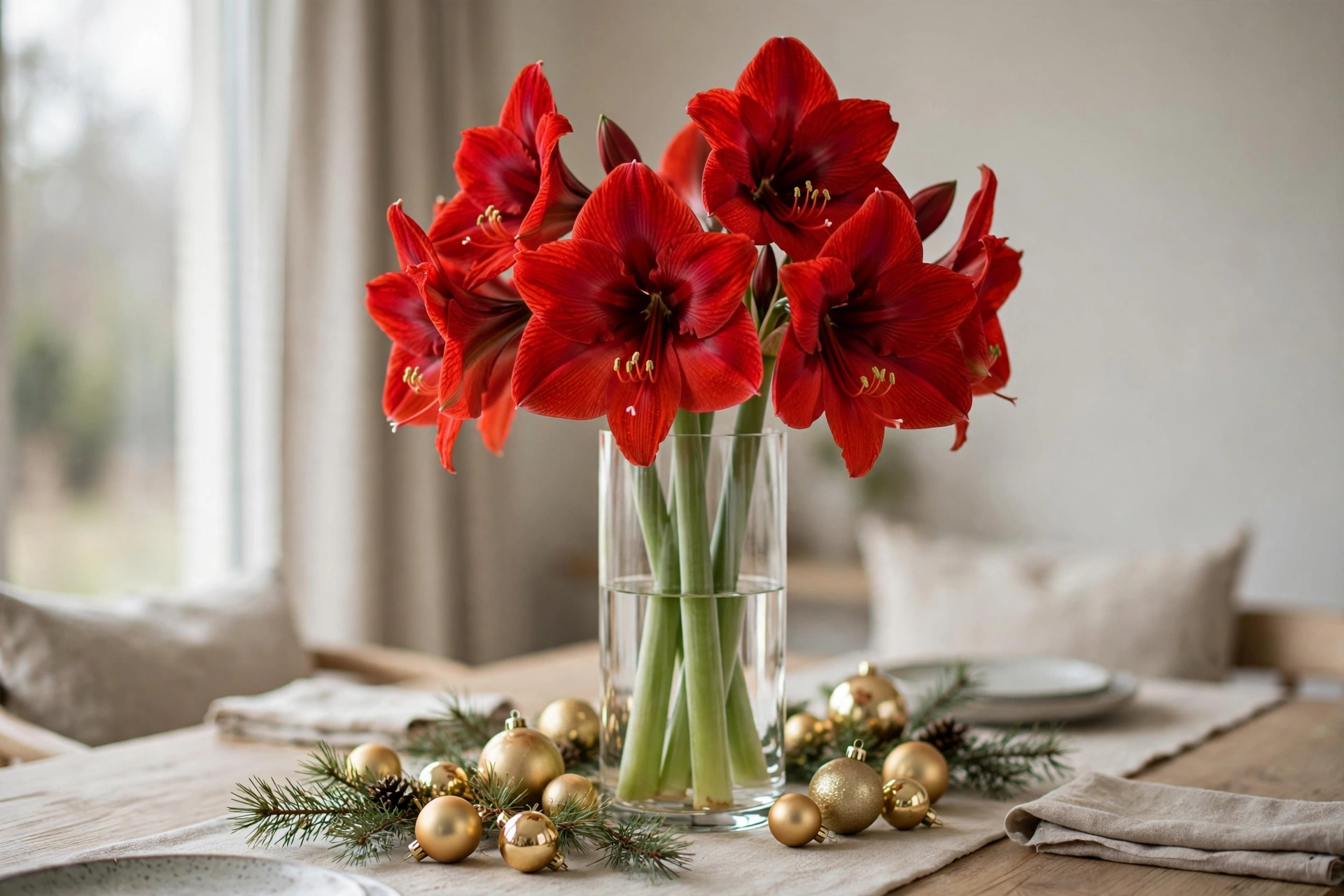 Tall vase of dramatic red amaryllis blooms as a Christmas centerpiece