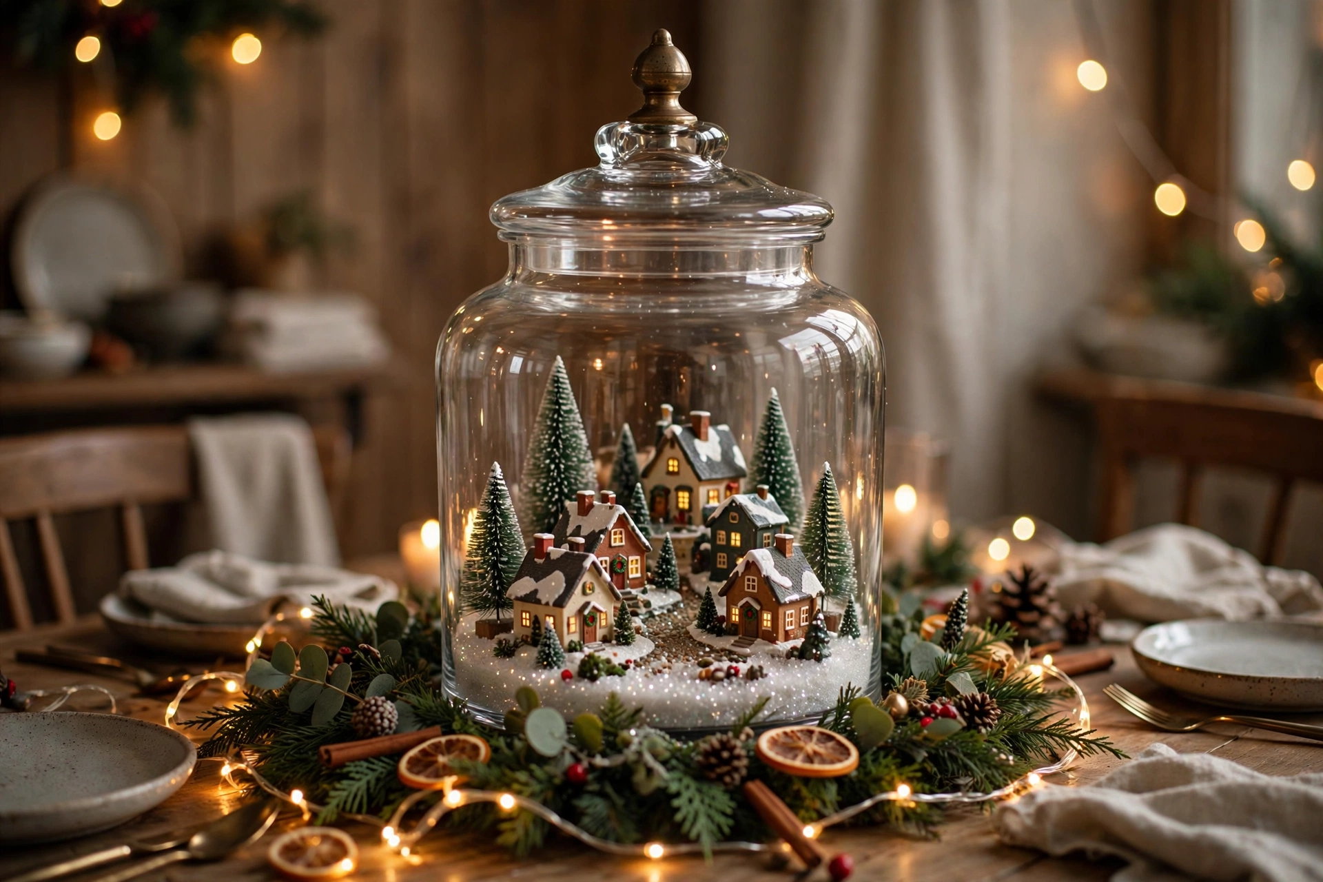 Glass cookie jar Christmas village scene with miniature houses and trees