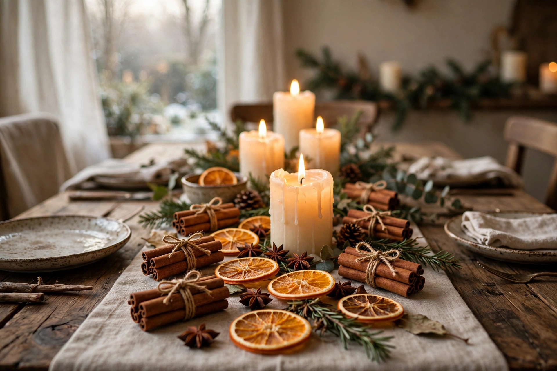 Cinnamon stick bundles with dried orange slices and candles centerpiece