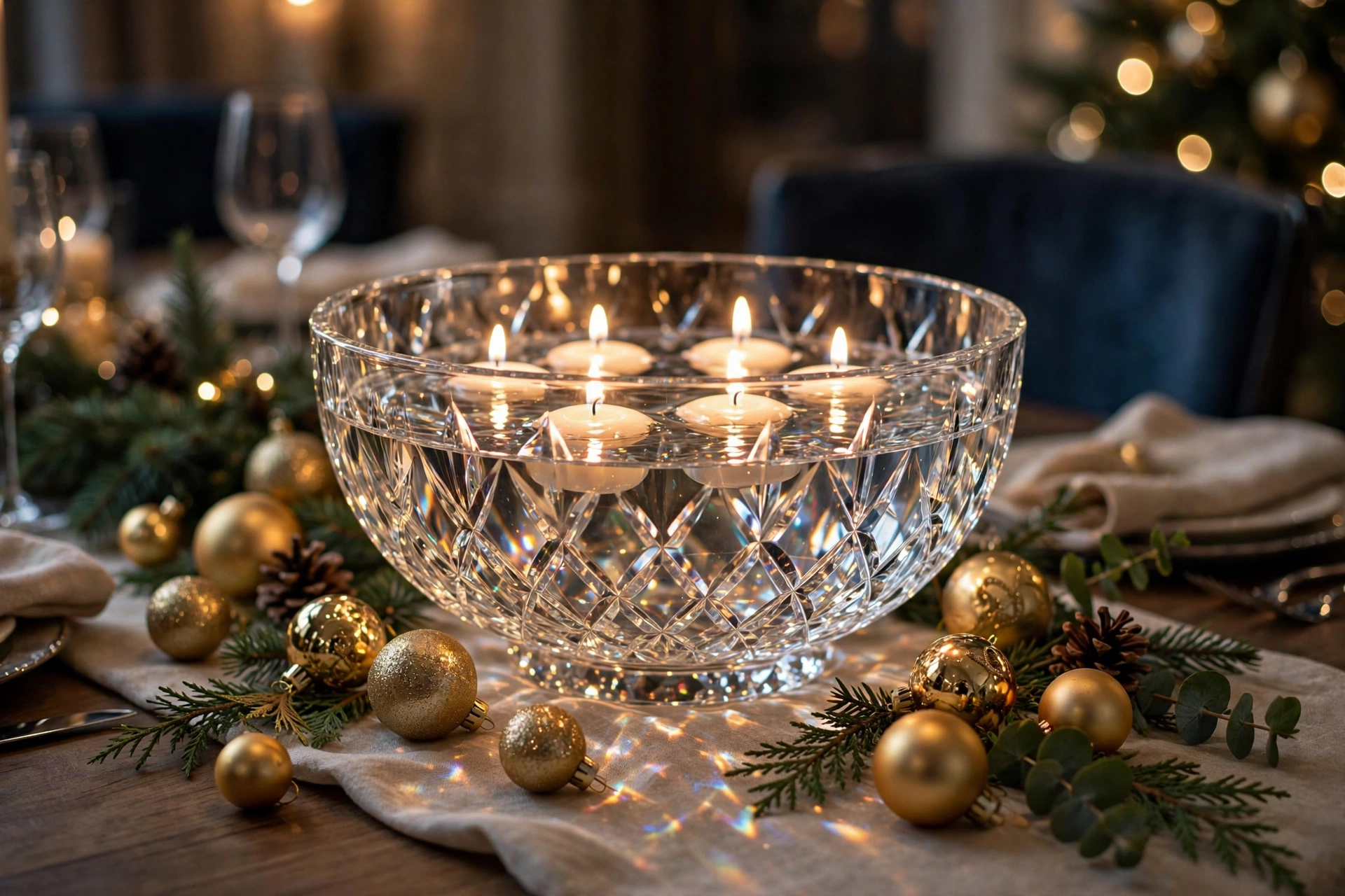 Cut-crystal bowl with floating candles and gold ornaments centerpiece