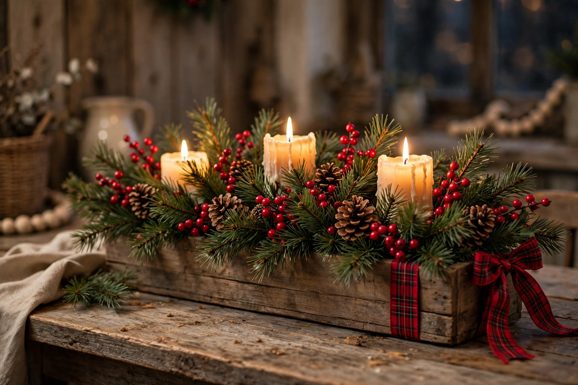 Wooden farmhouse box filled with pine, berries, pinecones and plaid ribbon