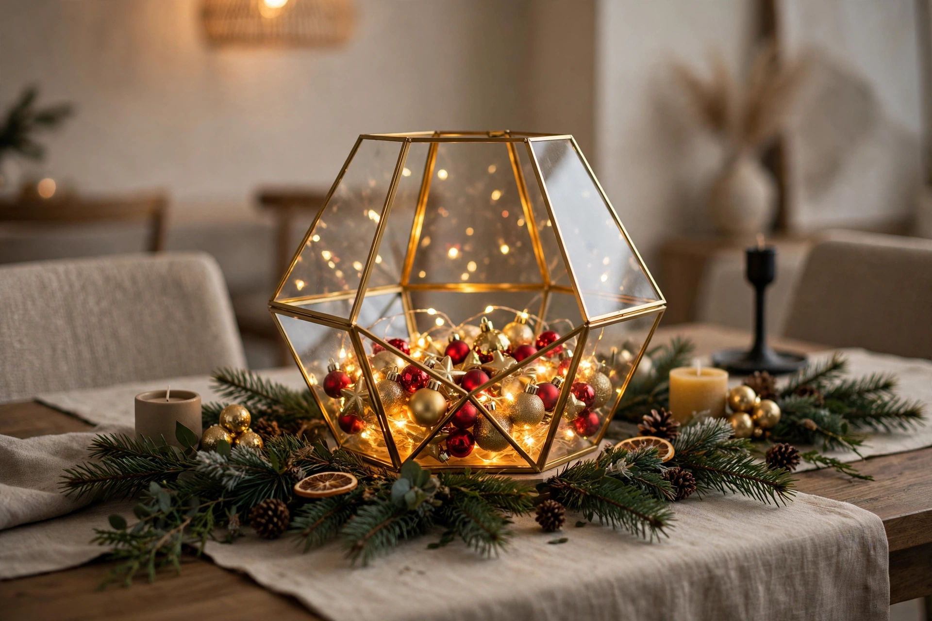 Gold geometric terrarium filled with tiny ornaments and fairy lights
