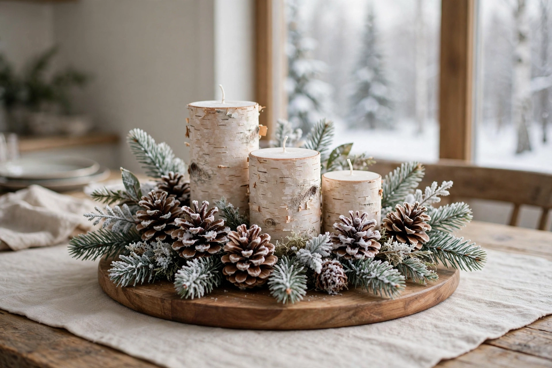 White birch pillar candles surrounded by snow-dusted pinecones centerpiece