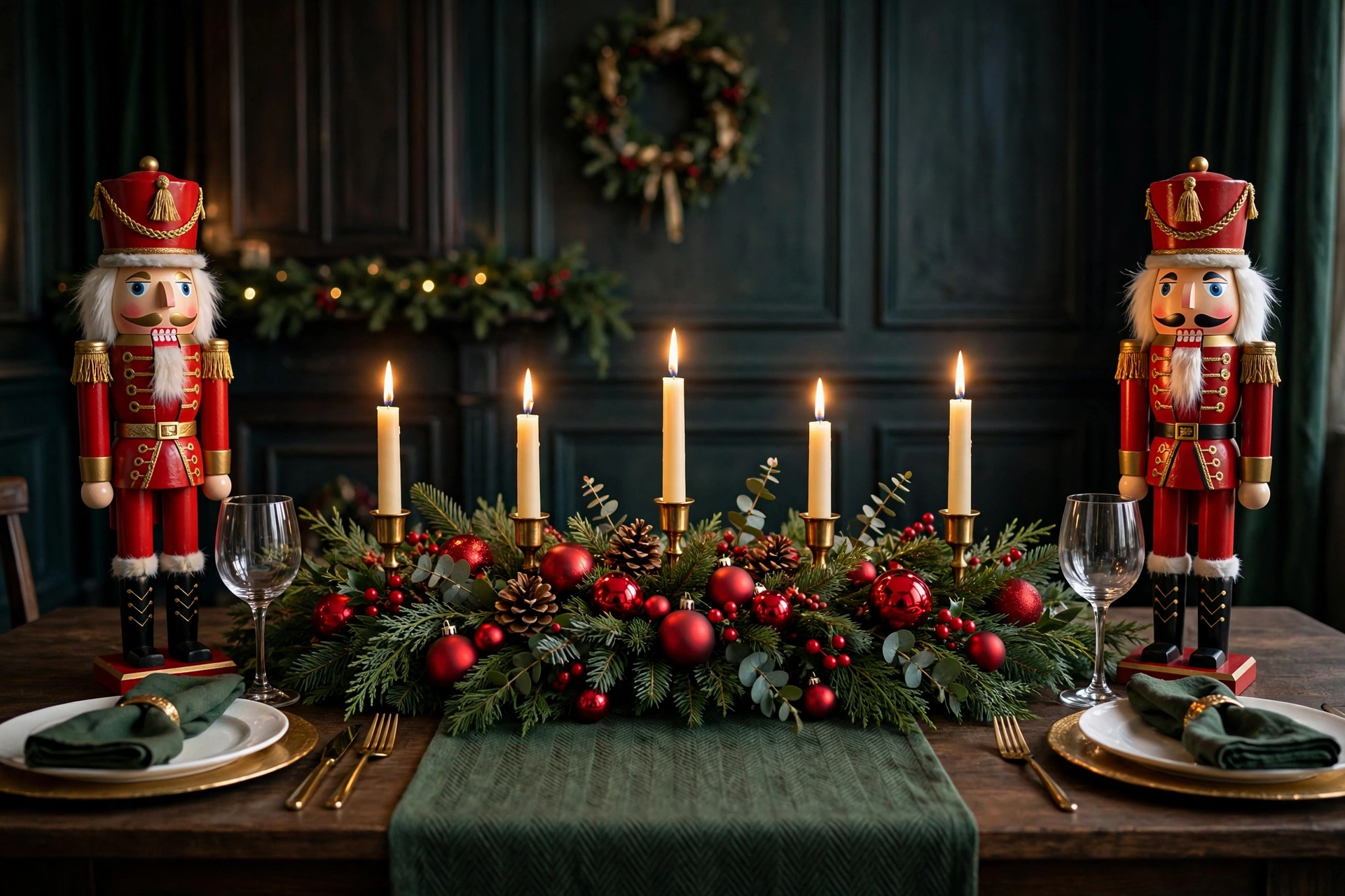 Two nutcracker figurines flanking a Christmas greenery and candle centerpiece