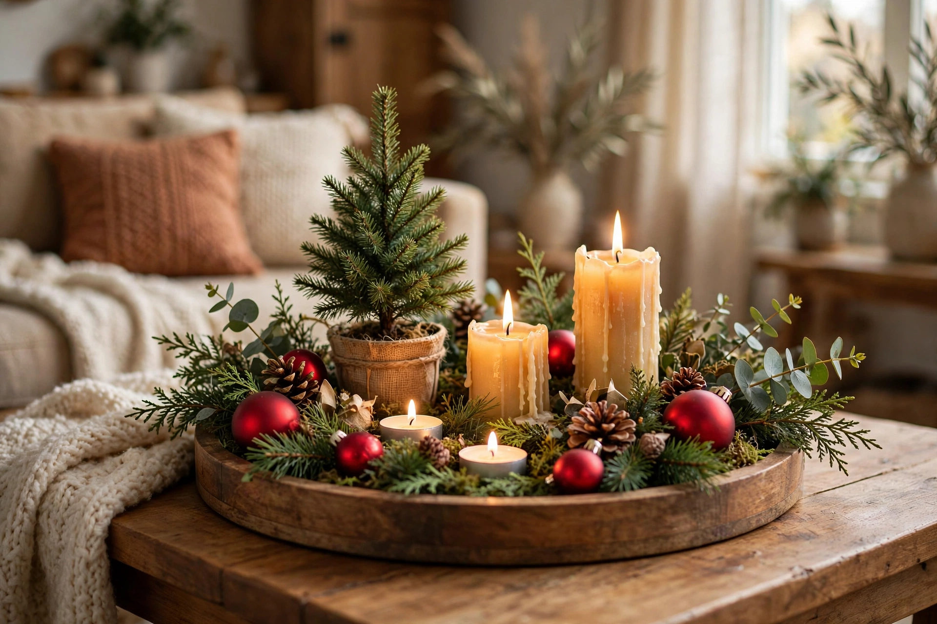 Round wooden tray styled with a small Christmas tree, candle and ornaments