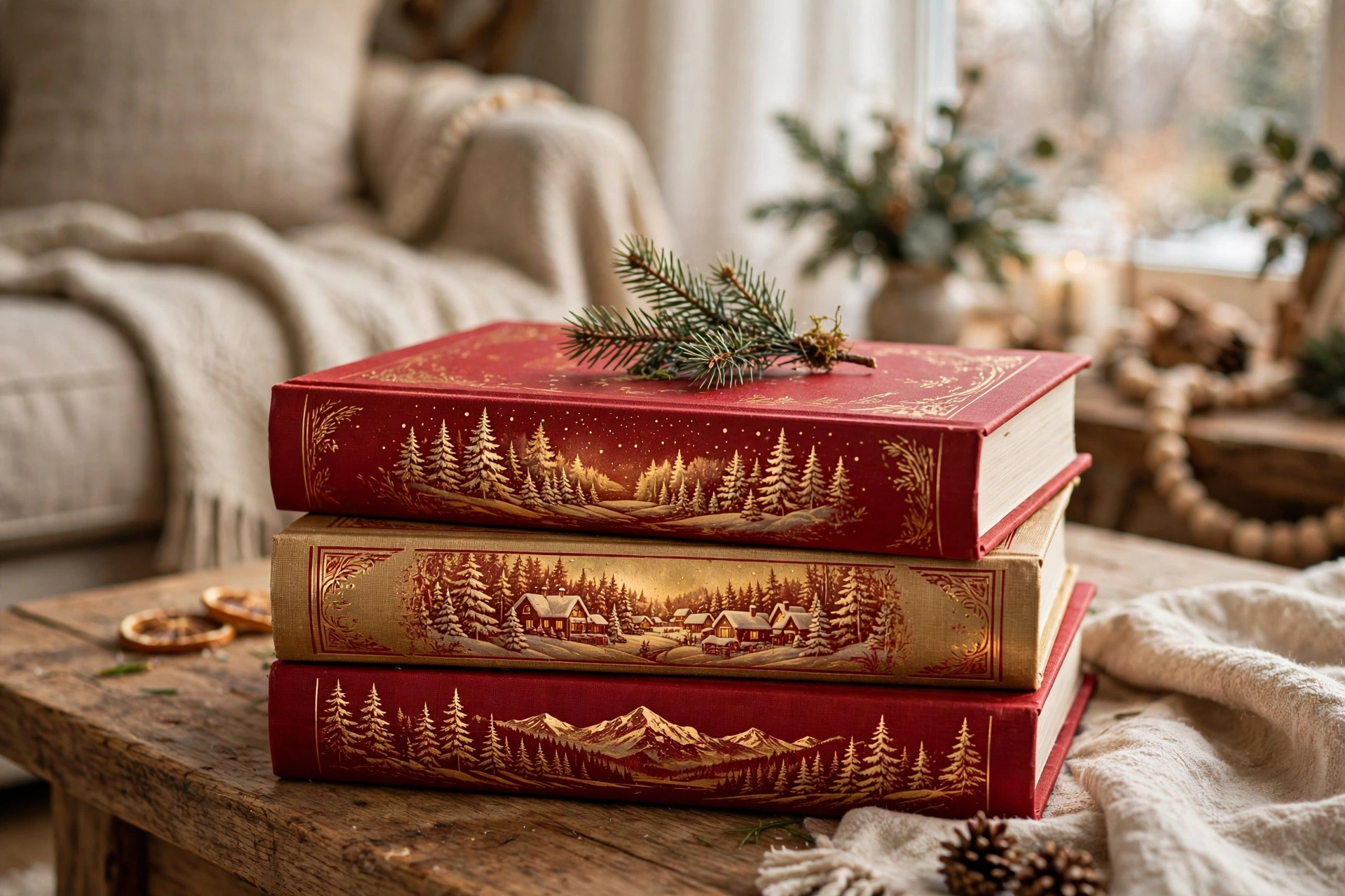 Stack of Christmas coffee table books topped with a pine sprig and brass bell