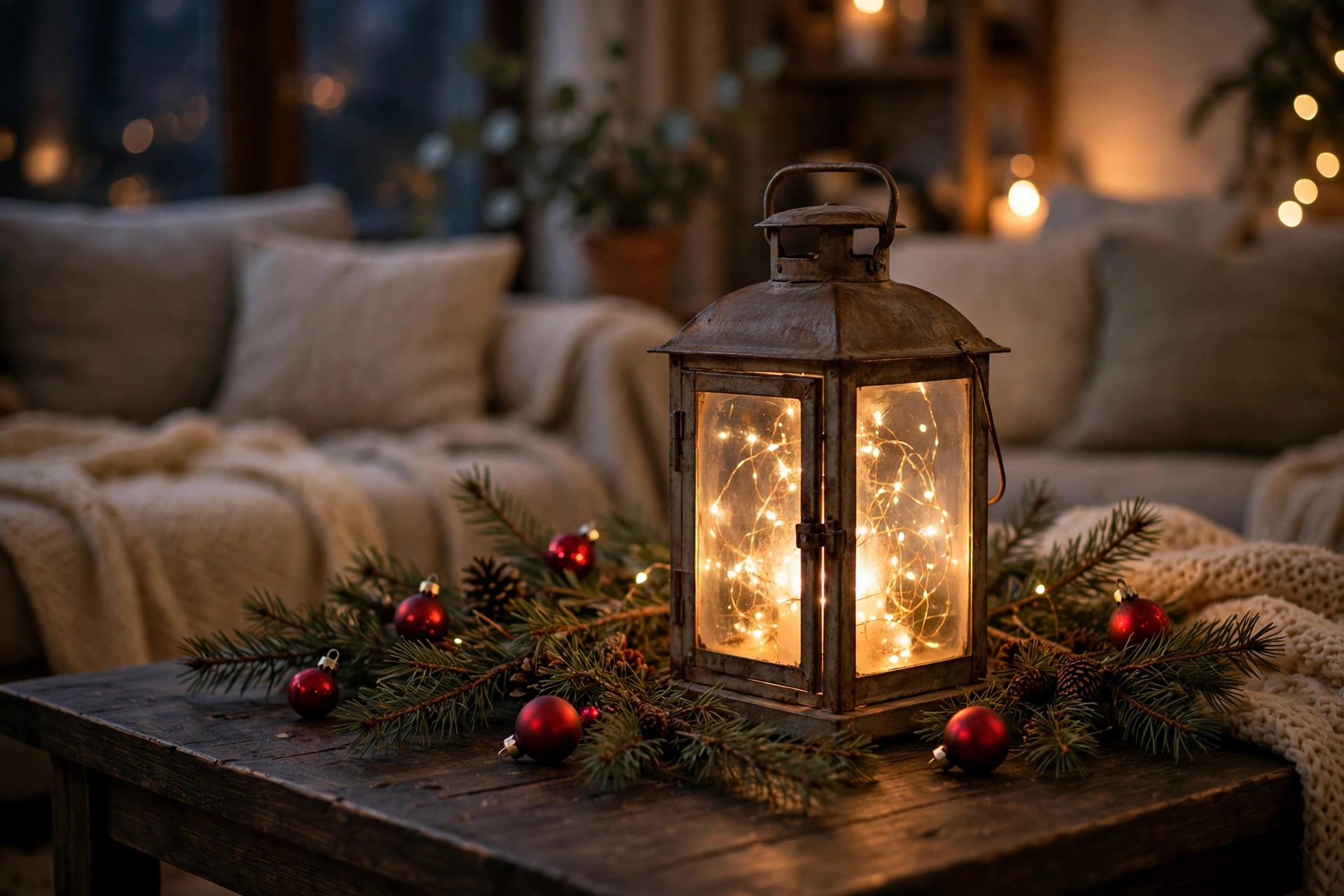 Large lantern filled with glowing fairy lights and greenery around its base