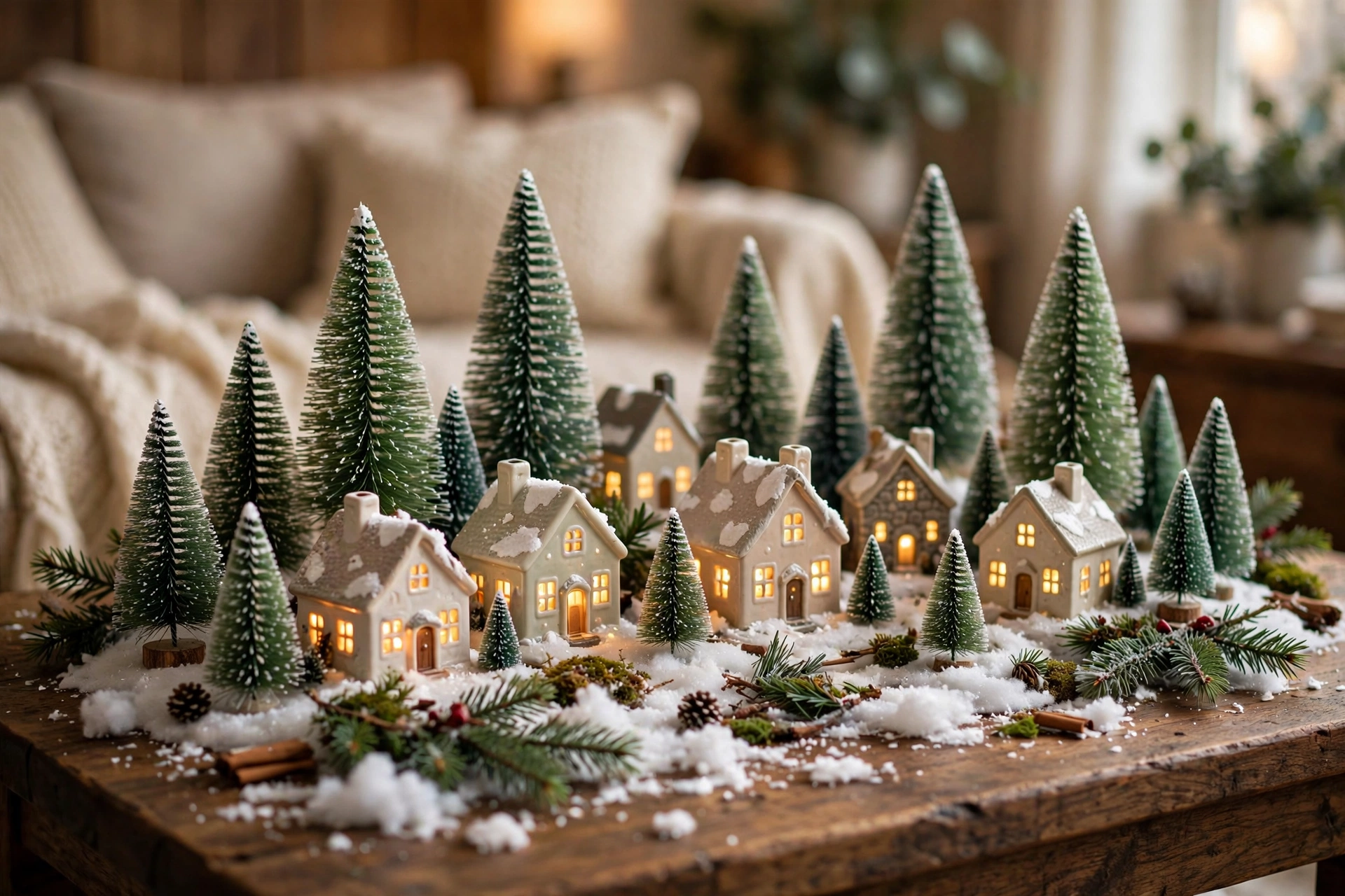 Mini Christmas village of bottle-brush trees and tiny houses arranged on faux snow
