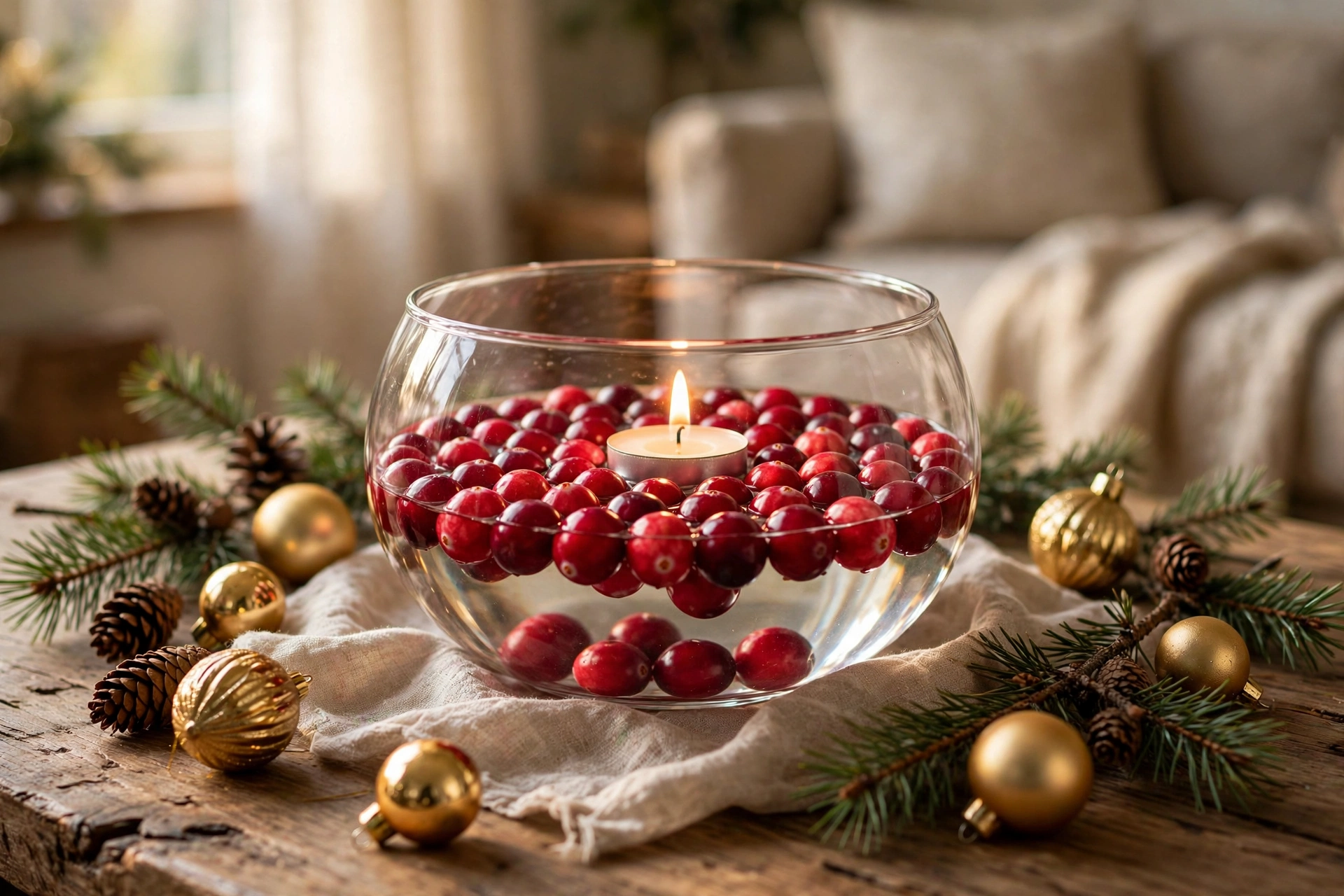 Wide low bowl filled with water, fresh cranberries and a floating candle