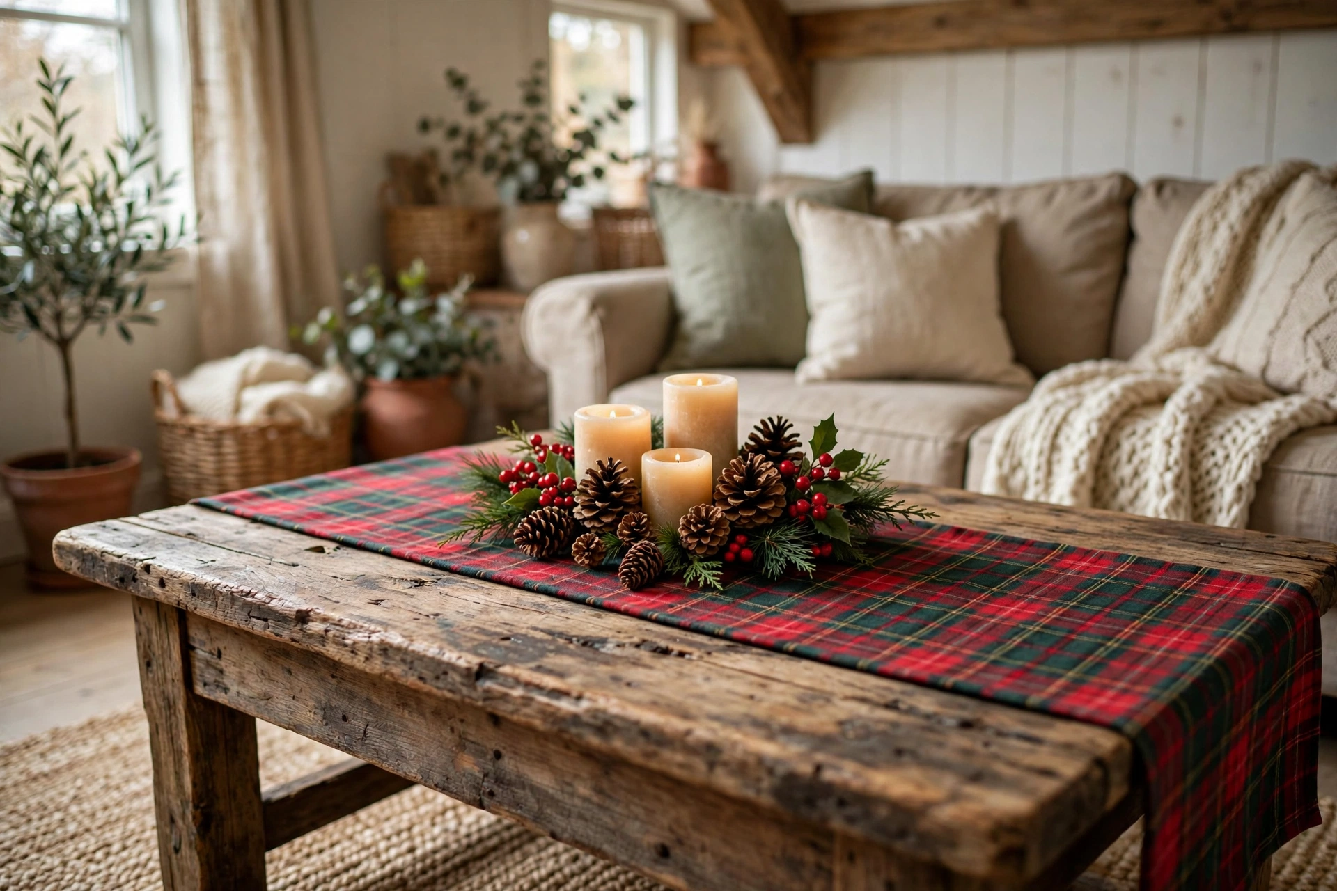 Narrow plaid runner laid down the middle of a Christmas coffee table