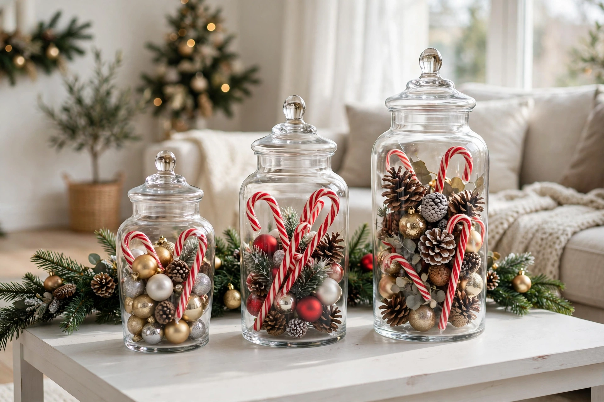 Trio of glass apothecary jars of different heights filled with ornaments, pinecones and candy canes