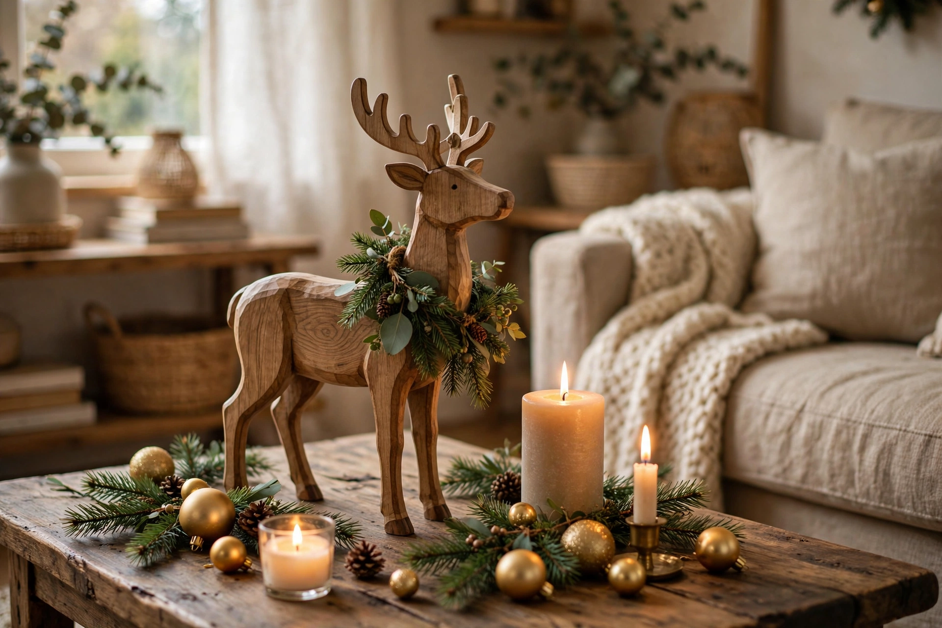 Short frosted greenery garland with two small reindeer figurines nestled in it