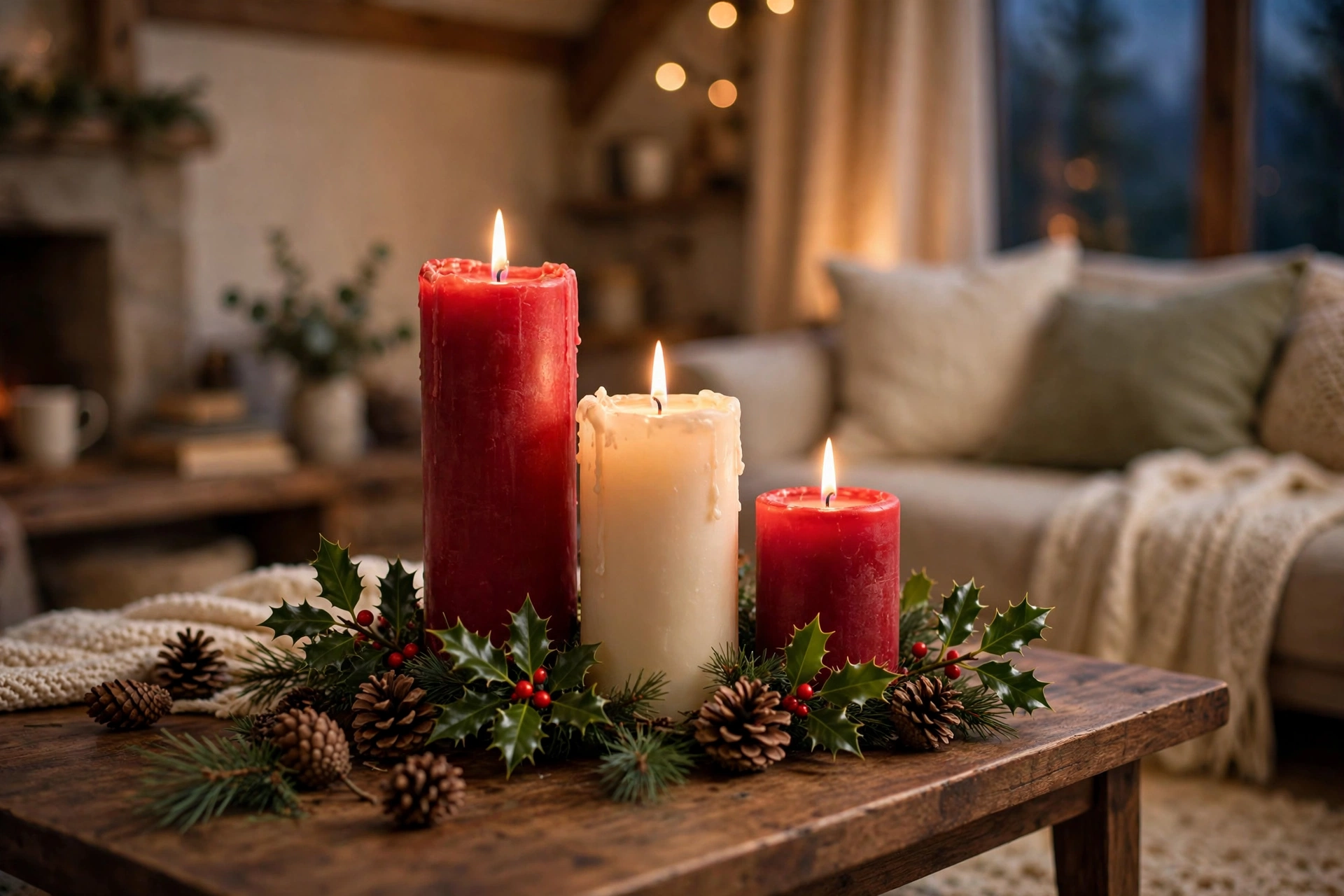 Cluster of three pine-scented pillar candles of different heights on a round wooden board