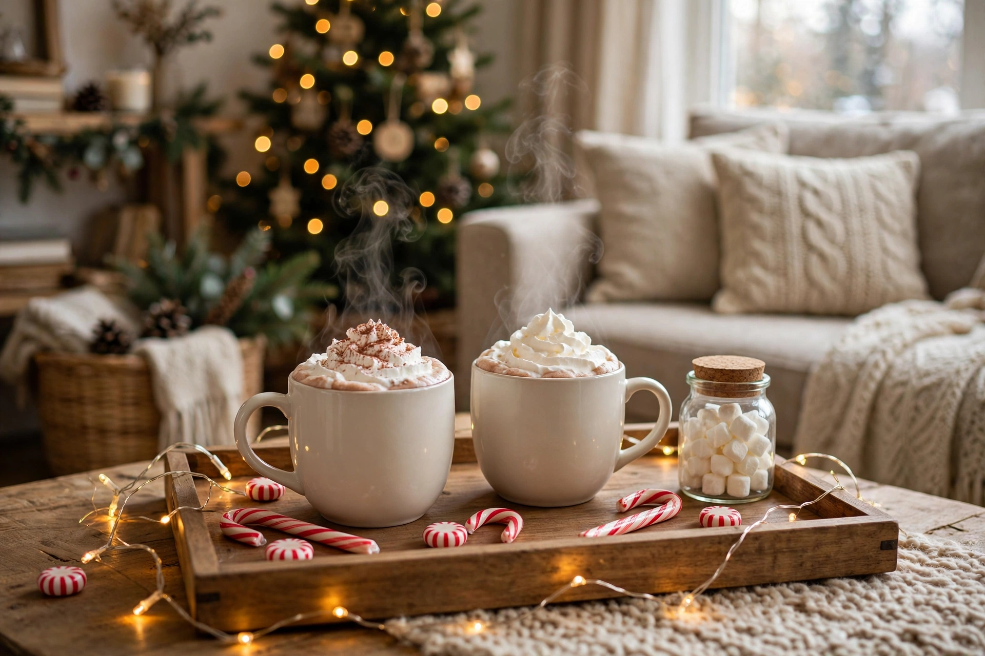 Hot cocoa tray setup with two mugs, a jar of cocoa mix and a dish of marshmallows