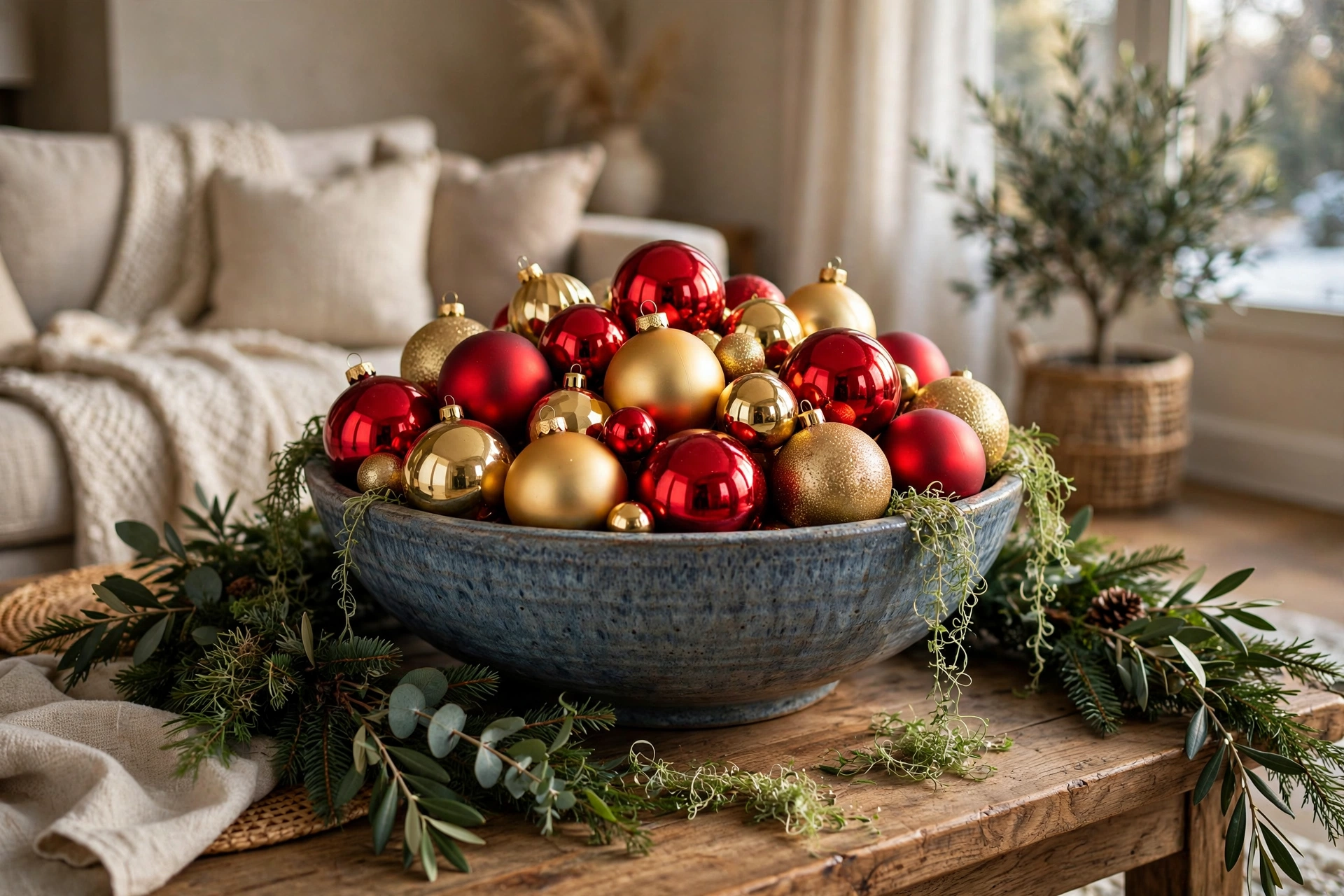 Footed glass bowl piled high with shiny Christmas ornaments