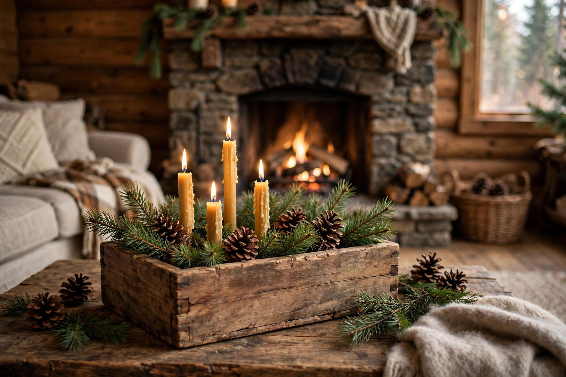 Long low wooden box filled with pine boughs, pinecones and votive candles