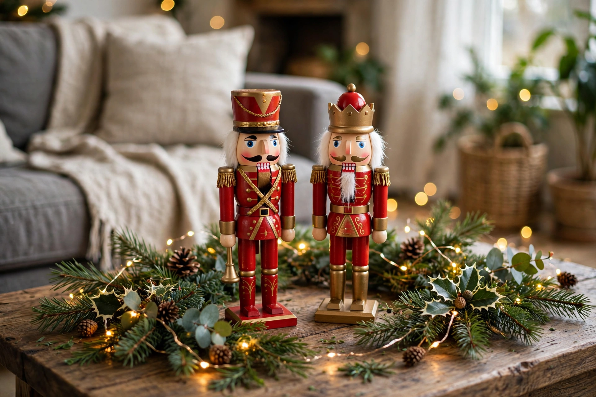 Pair of nutcracker figurines of different heights flanking a candle and books