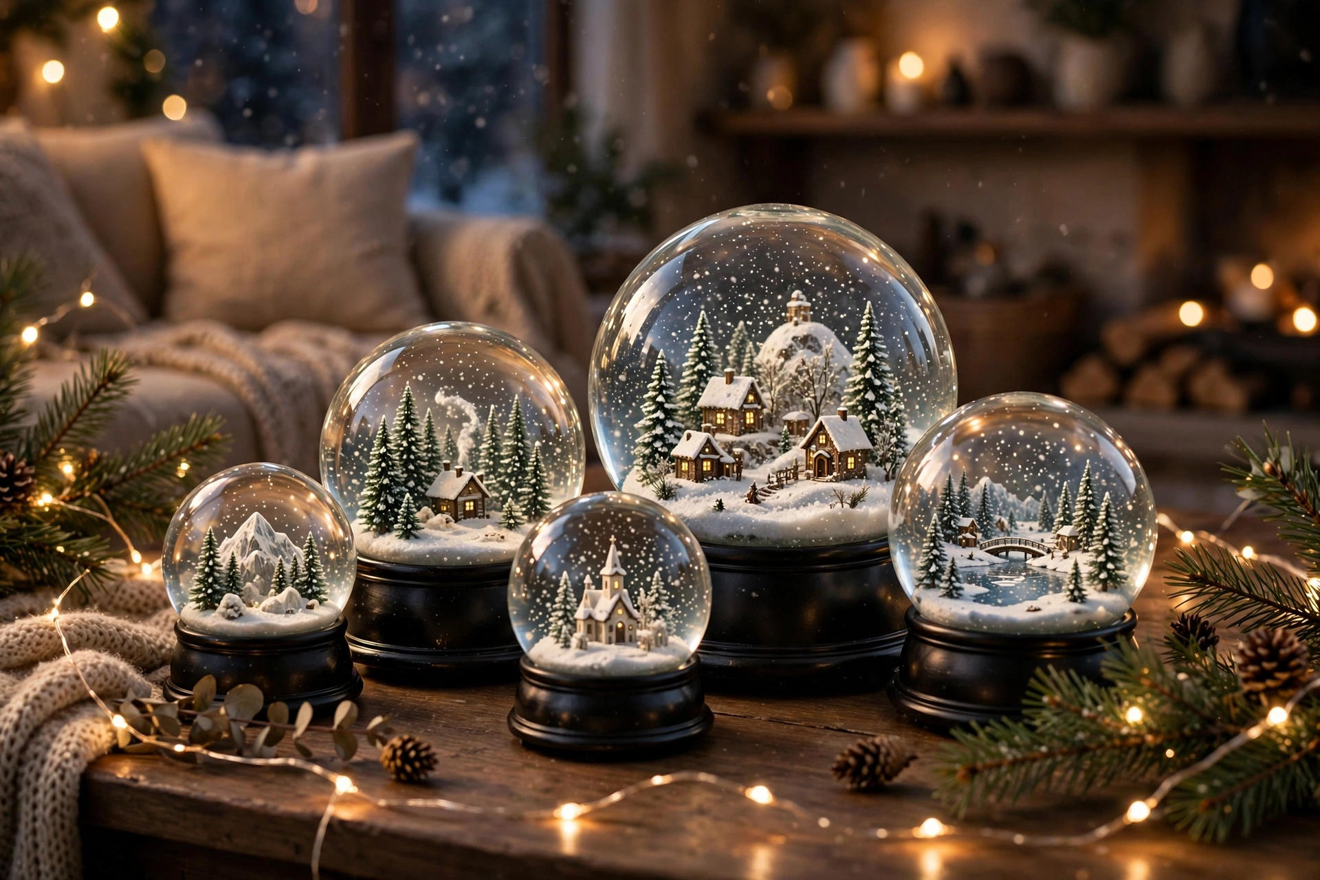 Collection of snow globes of different sizes grouped on a mirrored tray