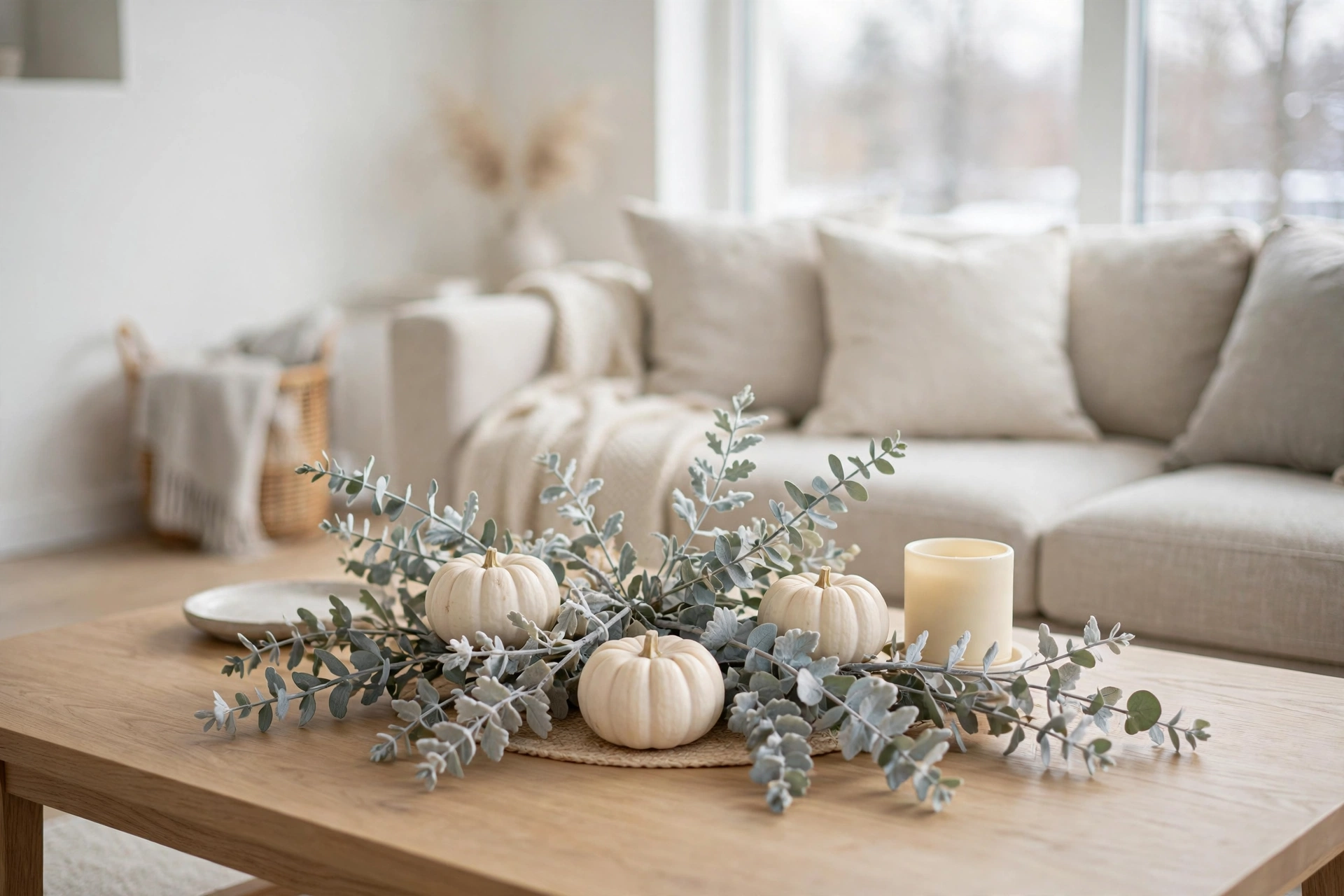 Eucalyptus stems arranged around white pumpkins with a single cream candle