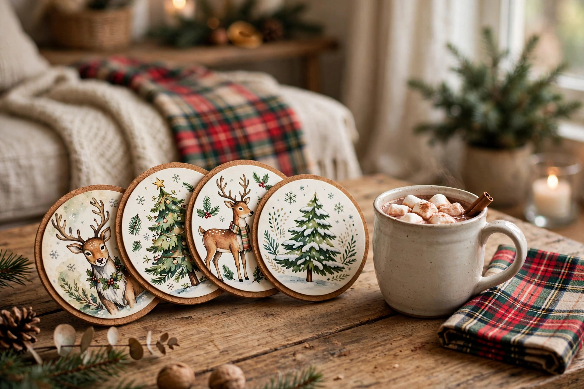 Stack of festive Christmas coasters in a small holder on a coffee table