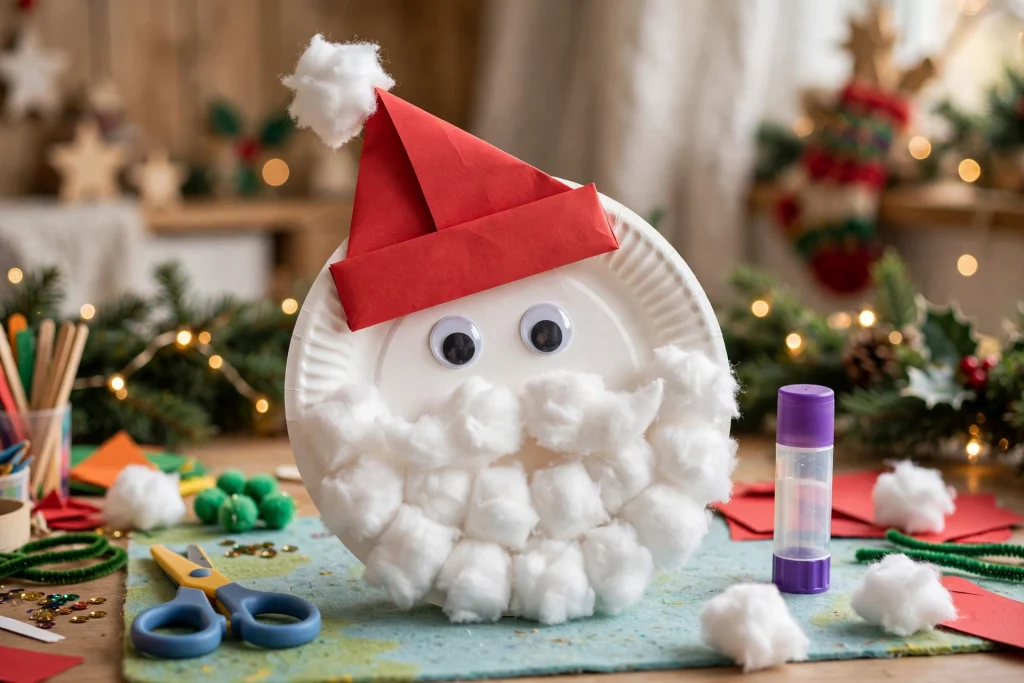 Paper plate Santa craft with cotton ball beard, red paper hat and googly eyes made by a child