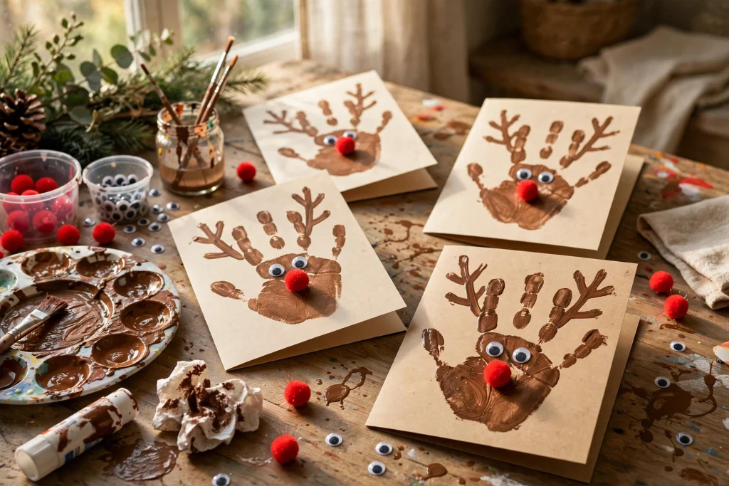 Handprint reindeer Christmas cards with brown handprint antlers, googly eyes and red pom-pom noses