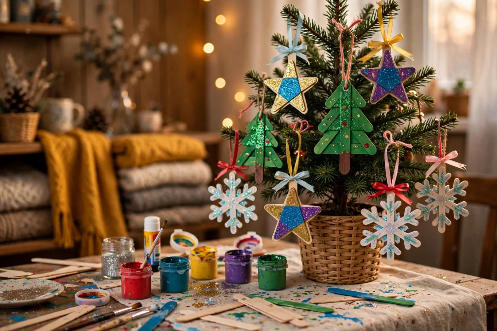 Popsicle stick Christmas tree and snowflake ornaments painted with glitter and ribbon hangers