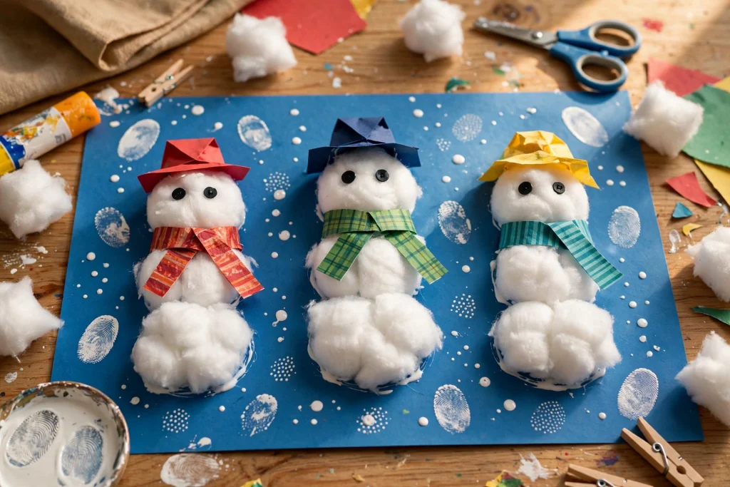 Cotton ball snowmen on blue paper with paper hats, scarves and button eyes