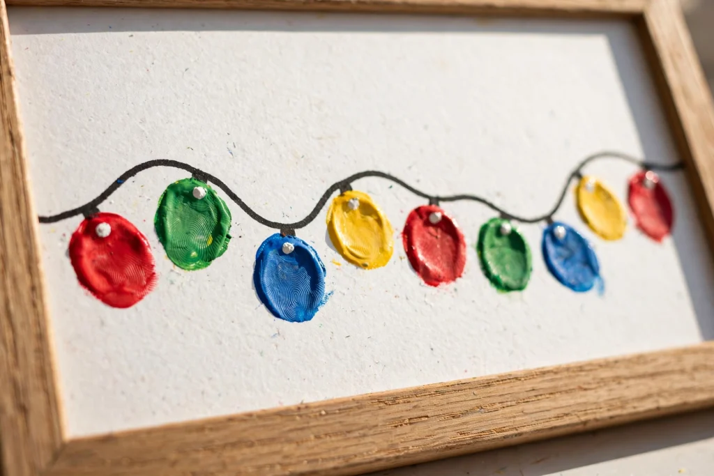 Thumbprint Christmas lights in bright paint colors along a wavy wire line