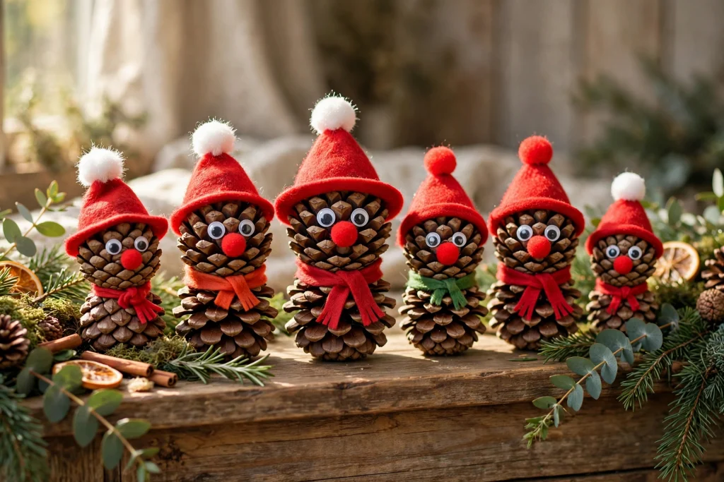 Pinecone elves with felt hats, pom-pom noses and googly eyes