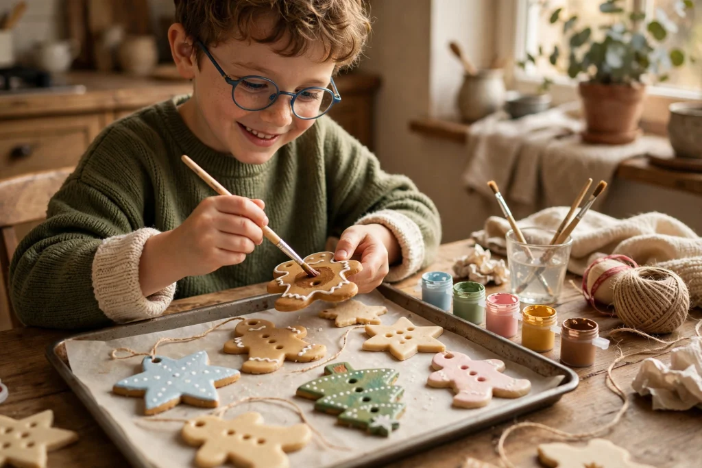 Salt dough Christmas ornaments cut into stars and trees, painted by kids