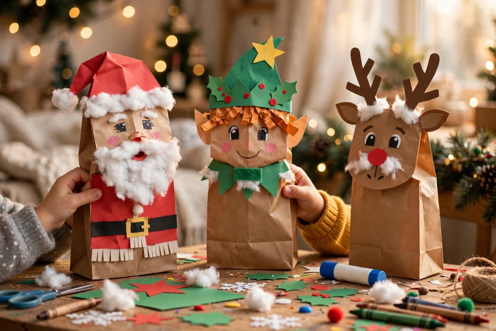Paper bag puppets of Santa and elves decorated with paper shapes and cotton