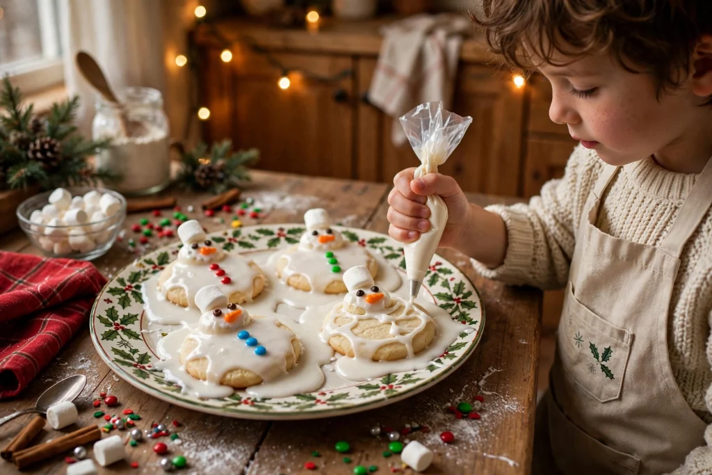 Melted snowman sugar cookies decorated with white icing and marshmallows