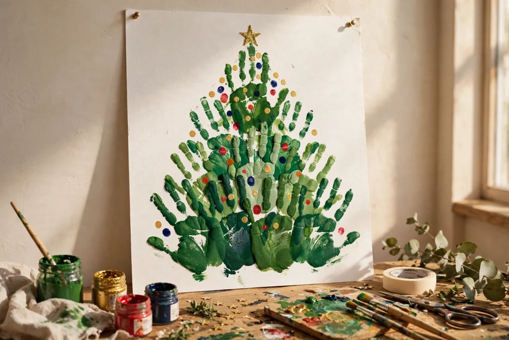 Christmas tree handprint art with green handprints and fingerprint ornaments