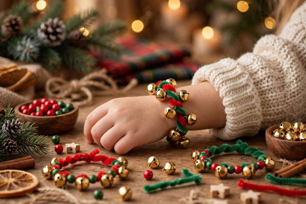 Jingle bell bracelets on pipe cleaners with red and green beads