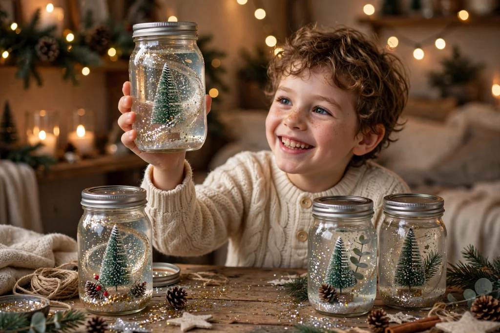Homemade snow globe jars with mini trees, water and glitter