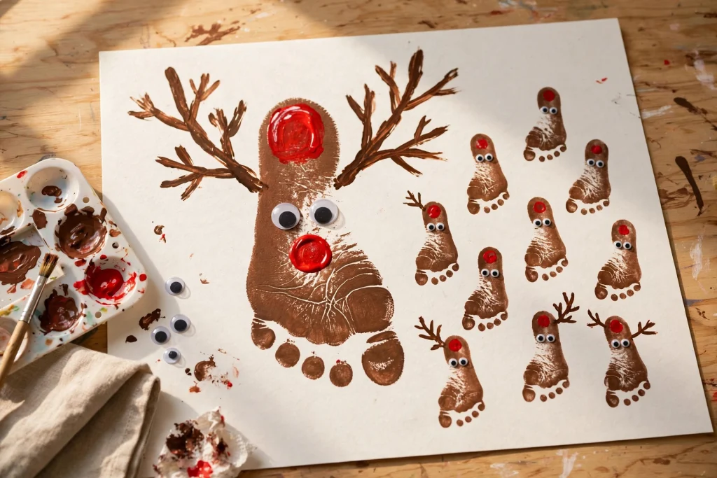 Footprint reindeer art with brown footprints, antlers and red nose