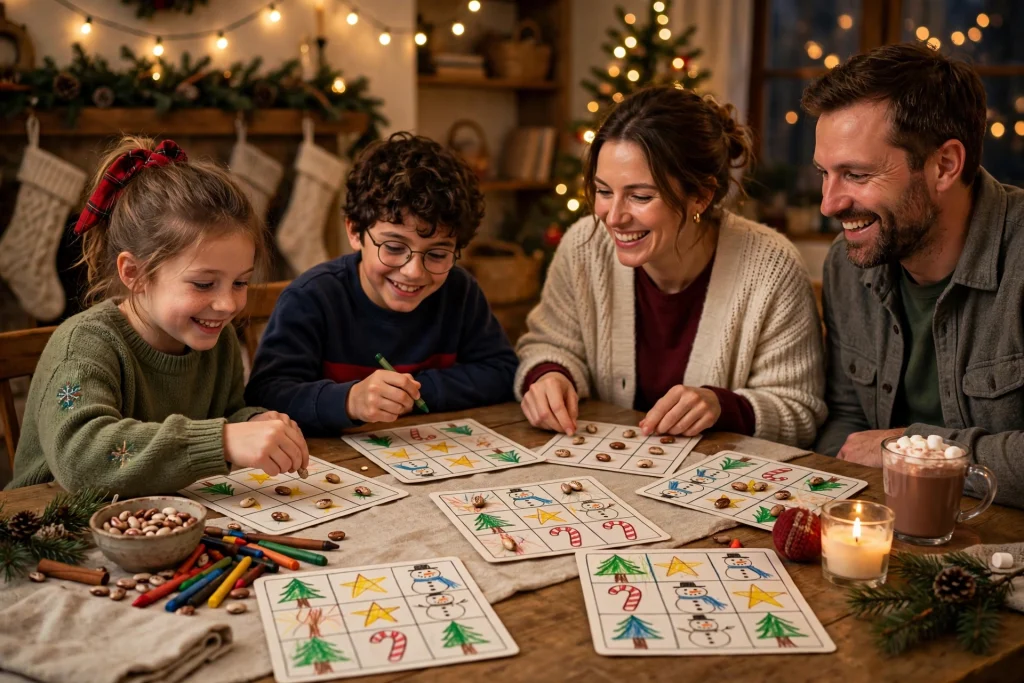 Homemade Christmas bingo cards with holiday drawings